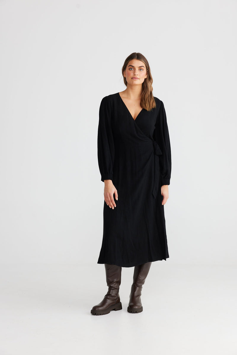 The Shanty Amor Wrap Dress - Black (55% Linen/45% Viscose)